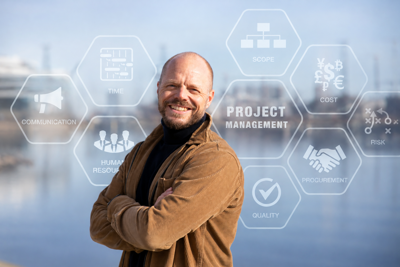 Smiling Project Manager in Tech Overlay Dawn of new renewable energy technologies